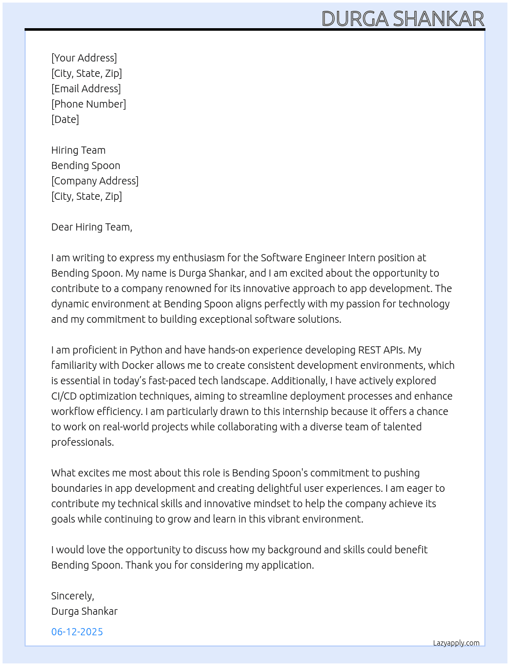 Software engineer intern At Bending Spoon Cover Letter