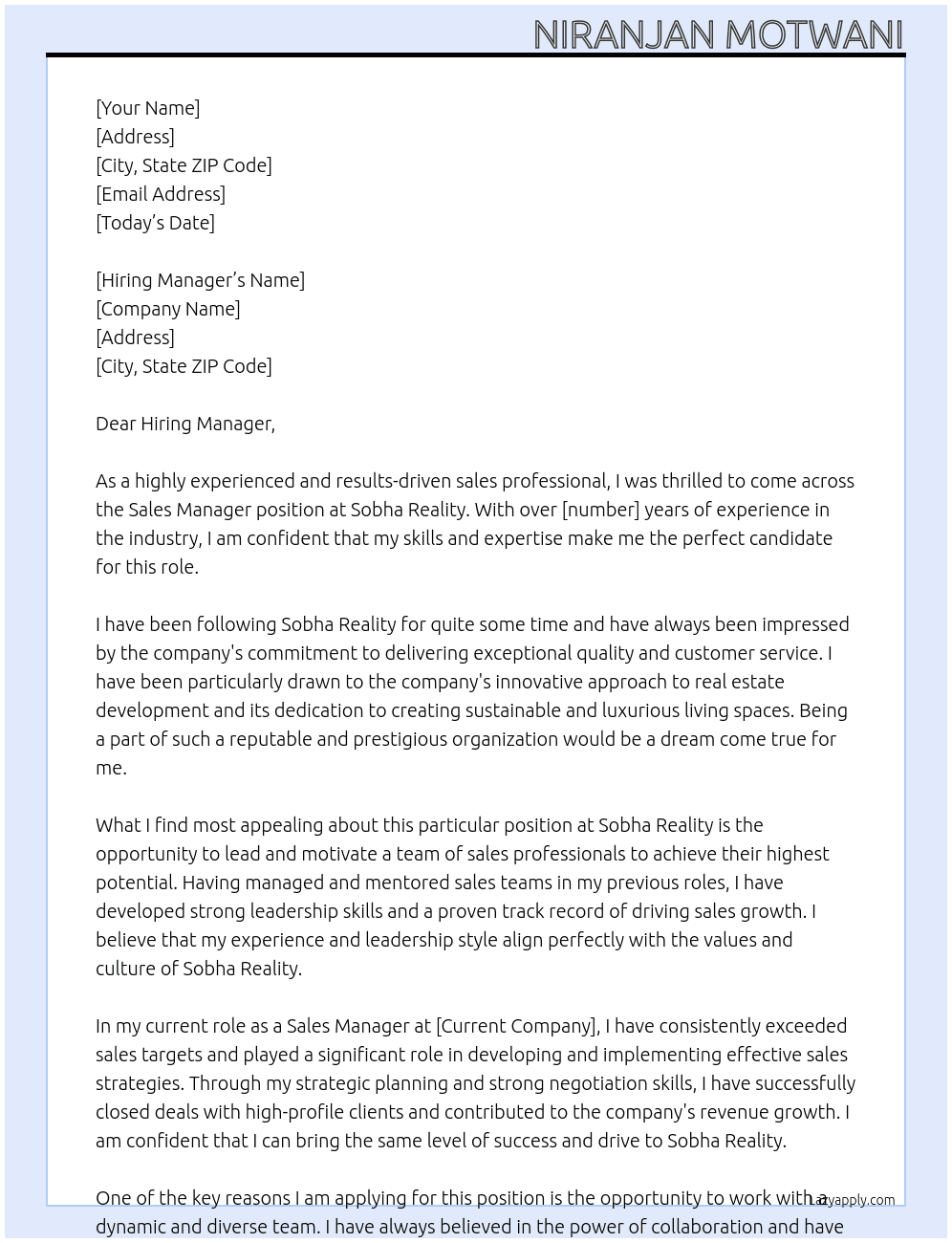 Sales manager At Sobha Reality Cover Letter