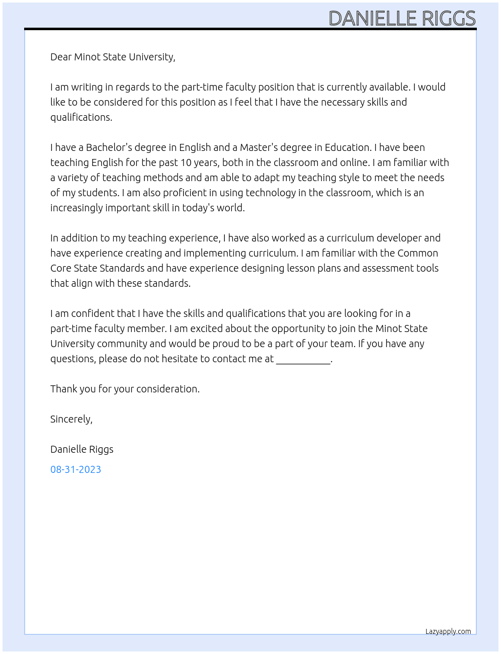 Part Time Faculty At Minot State University Cover Letter