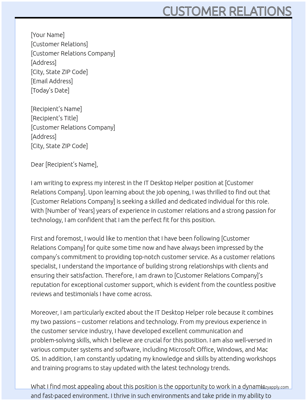 IT destop helper At Customer relations Cover Letter