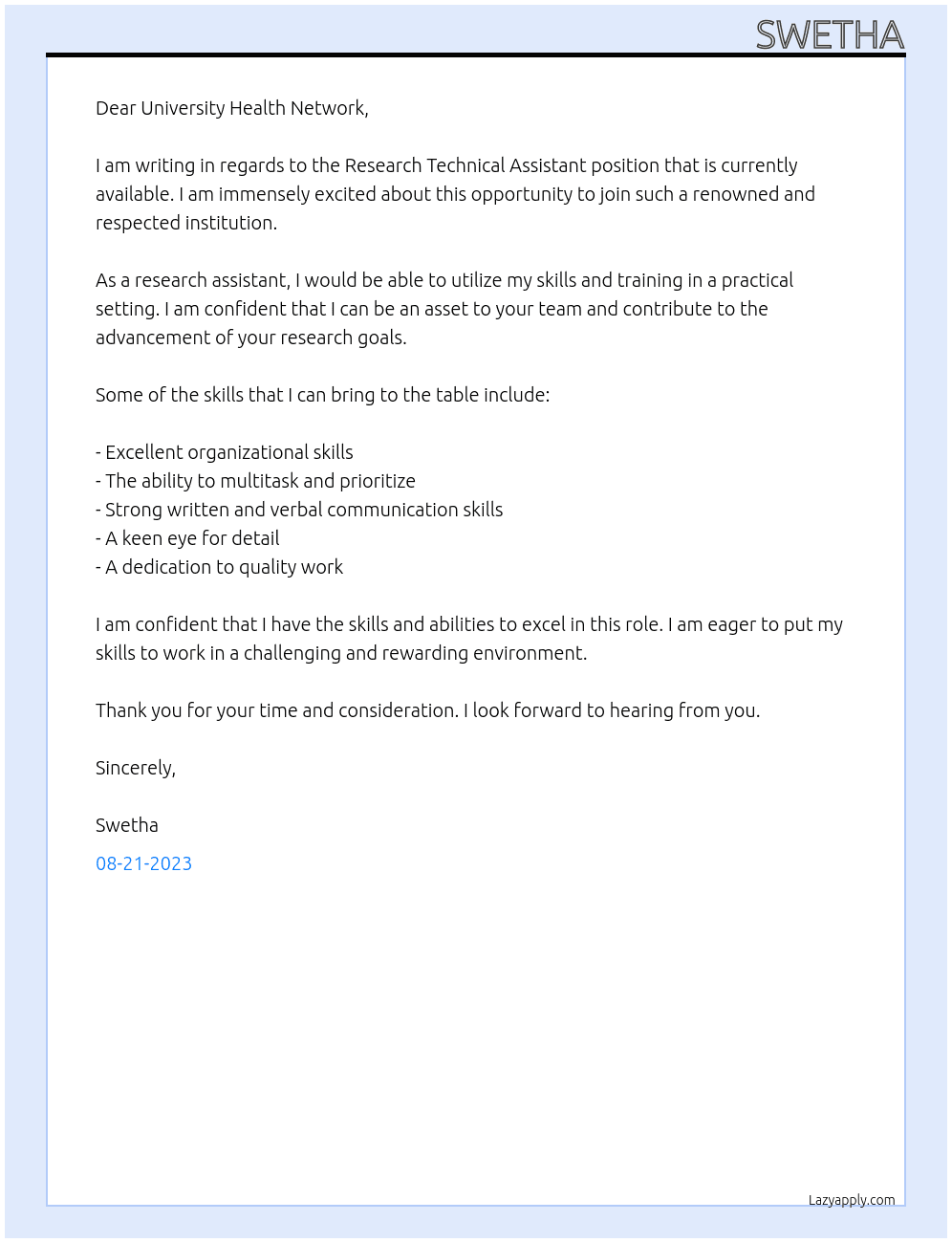 Research Technical Assistant - (Temporary Full-Time) At University Health Network Cover Letter