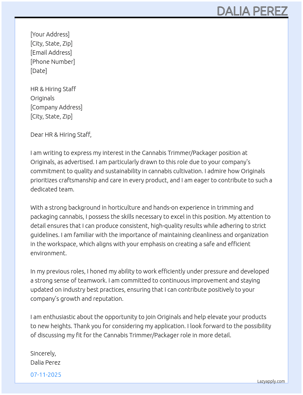 Cannabis Trimmer/Packager At Originals Cover Letter