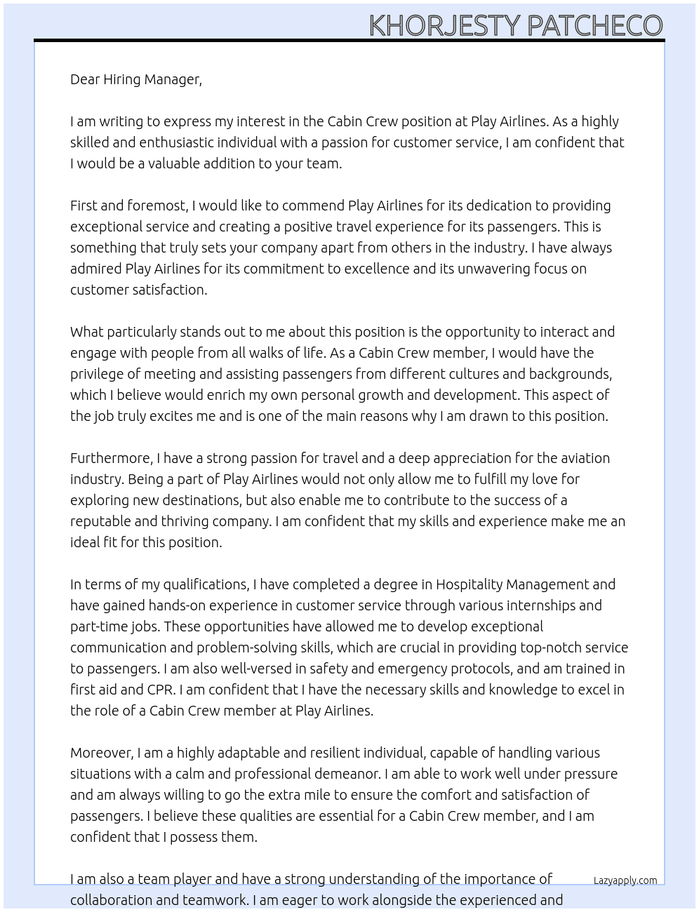 Cabin Crew At Play Airlines Cover Letter