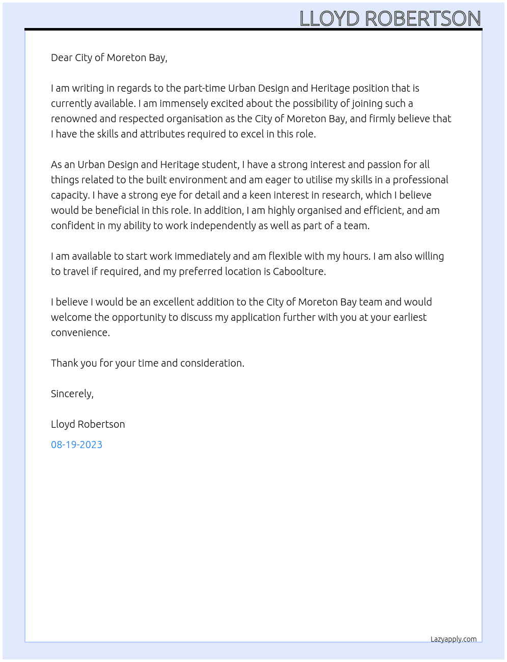 University Student Urban Design and Heritage  At City of Moreton Bay Cover Letter