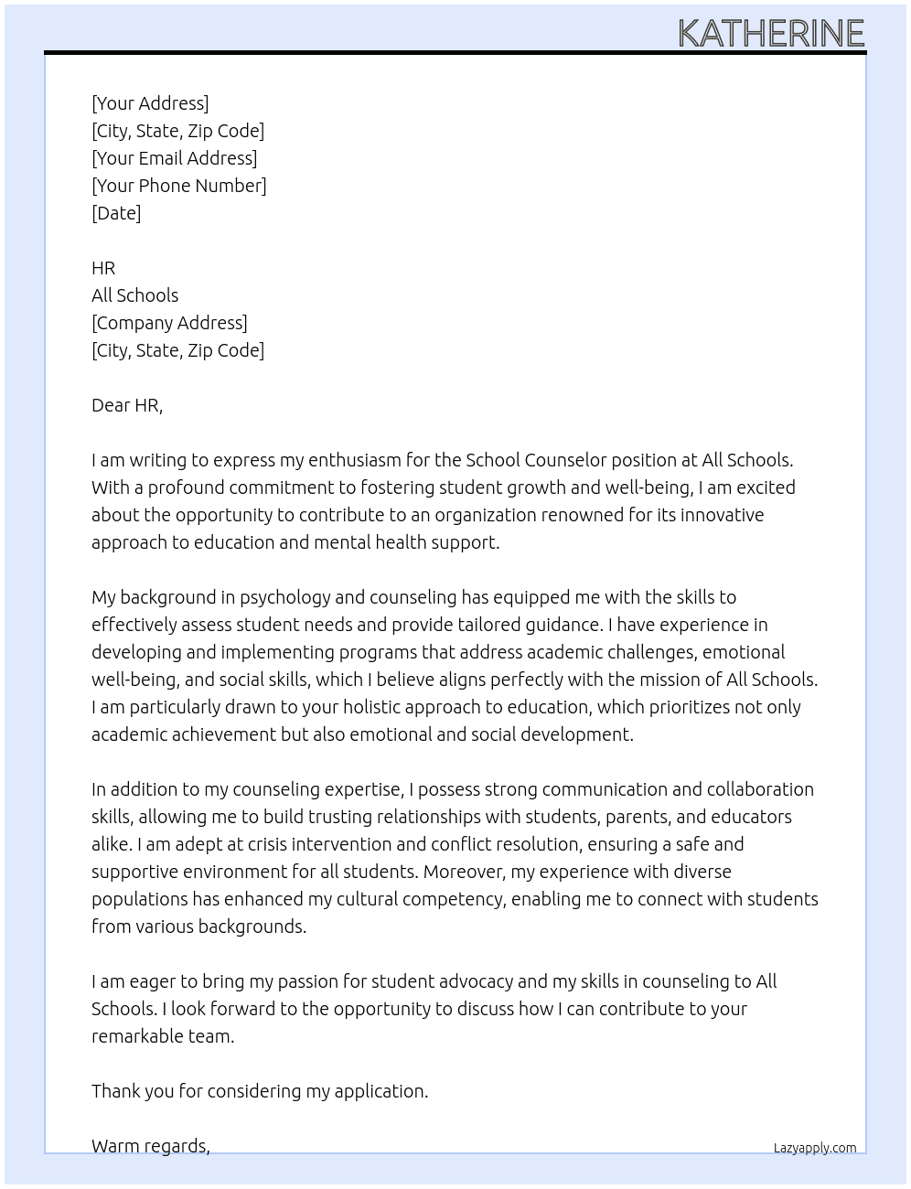 School counselor At All schools Cover Letter