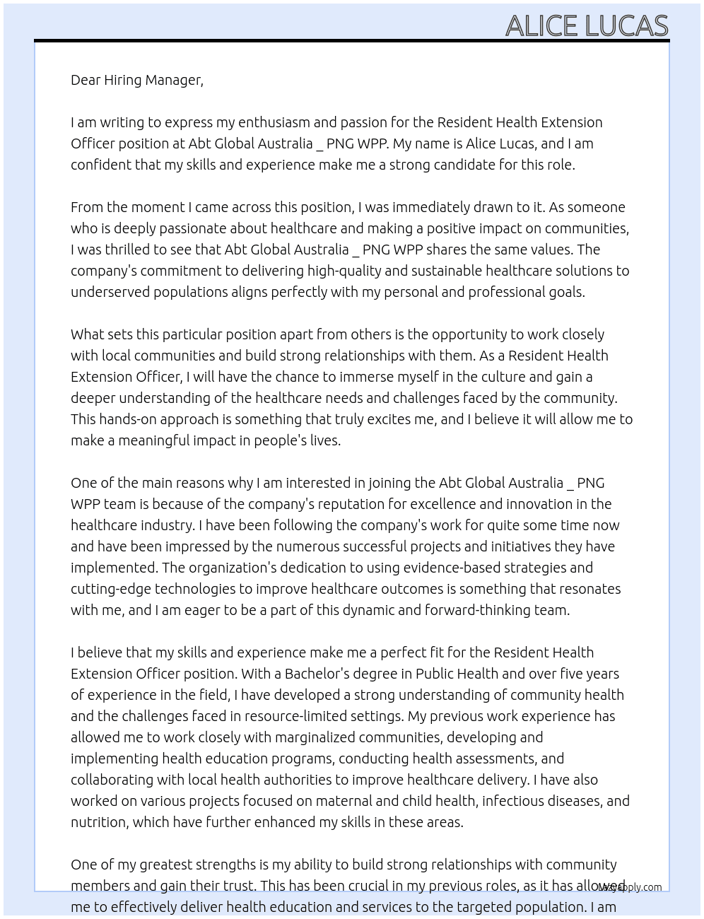 Resident Health Extension Officer At Abt Global Australia _ PNG WPP Cover Letter