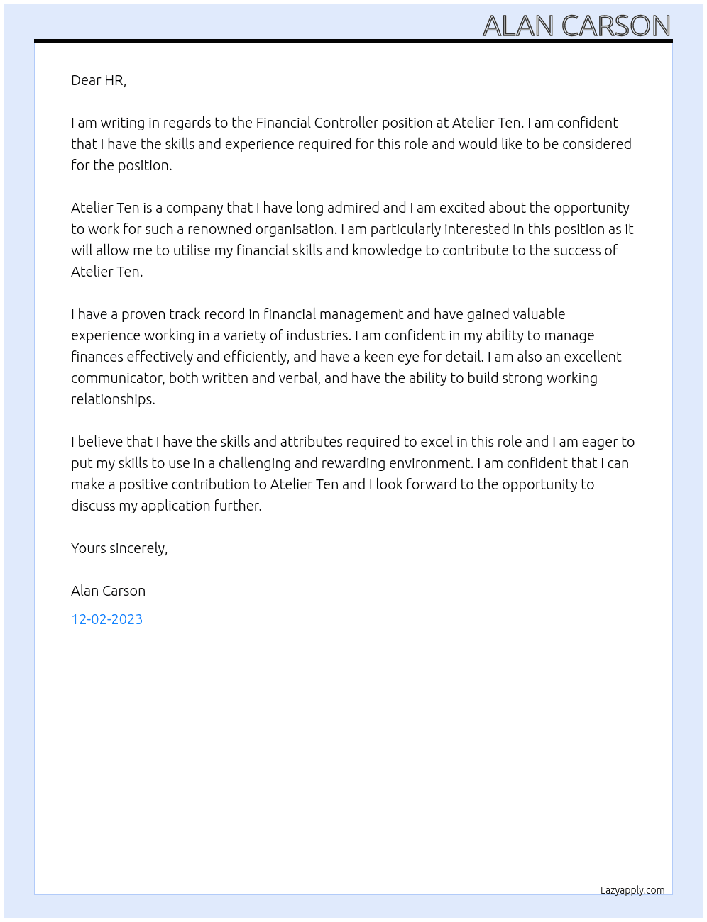 Financial Controller At Atelier Ten Cover Letter