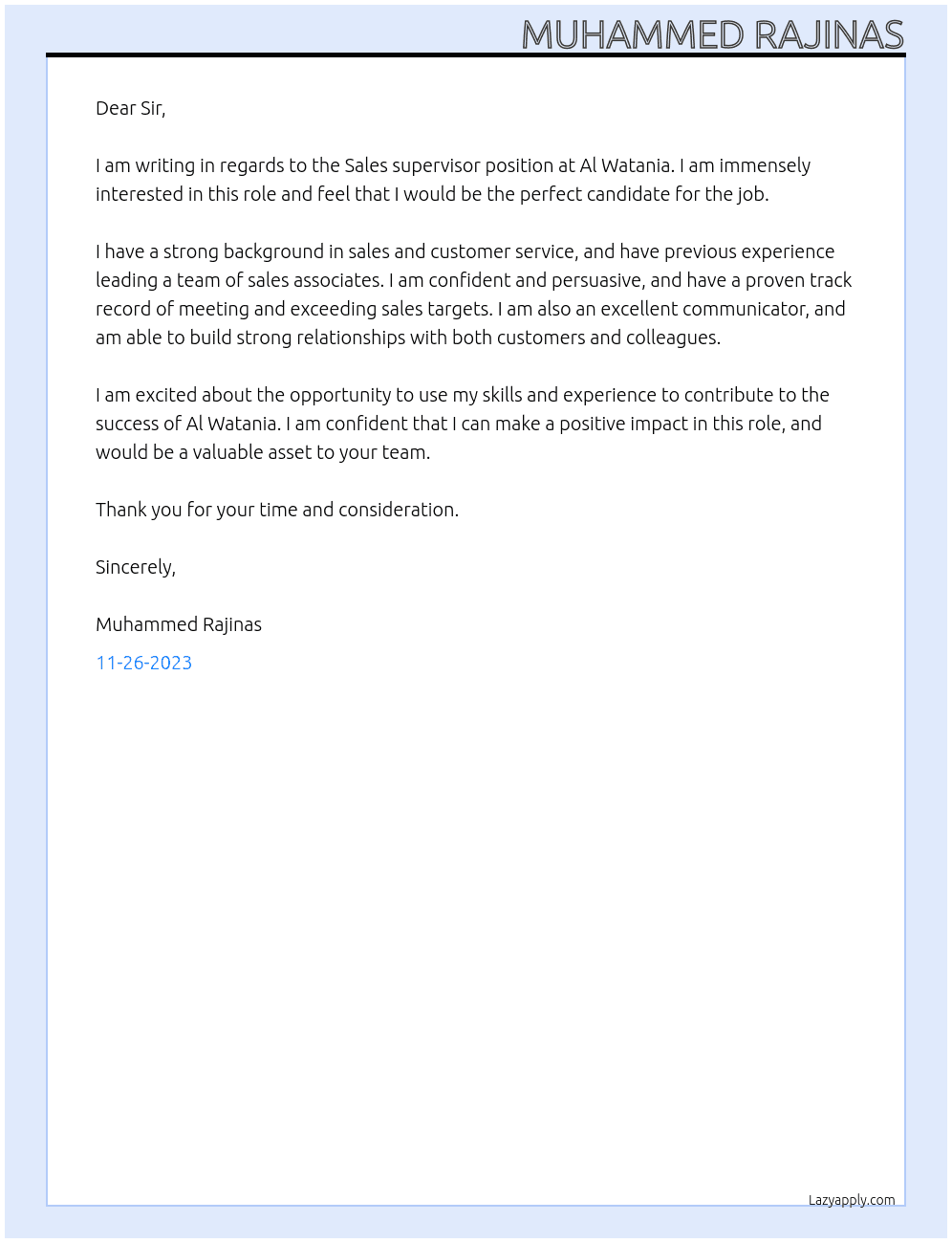 Sales supervisor At Al Watania Cover Letter
