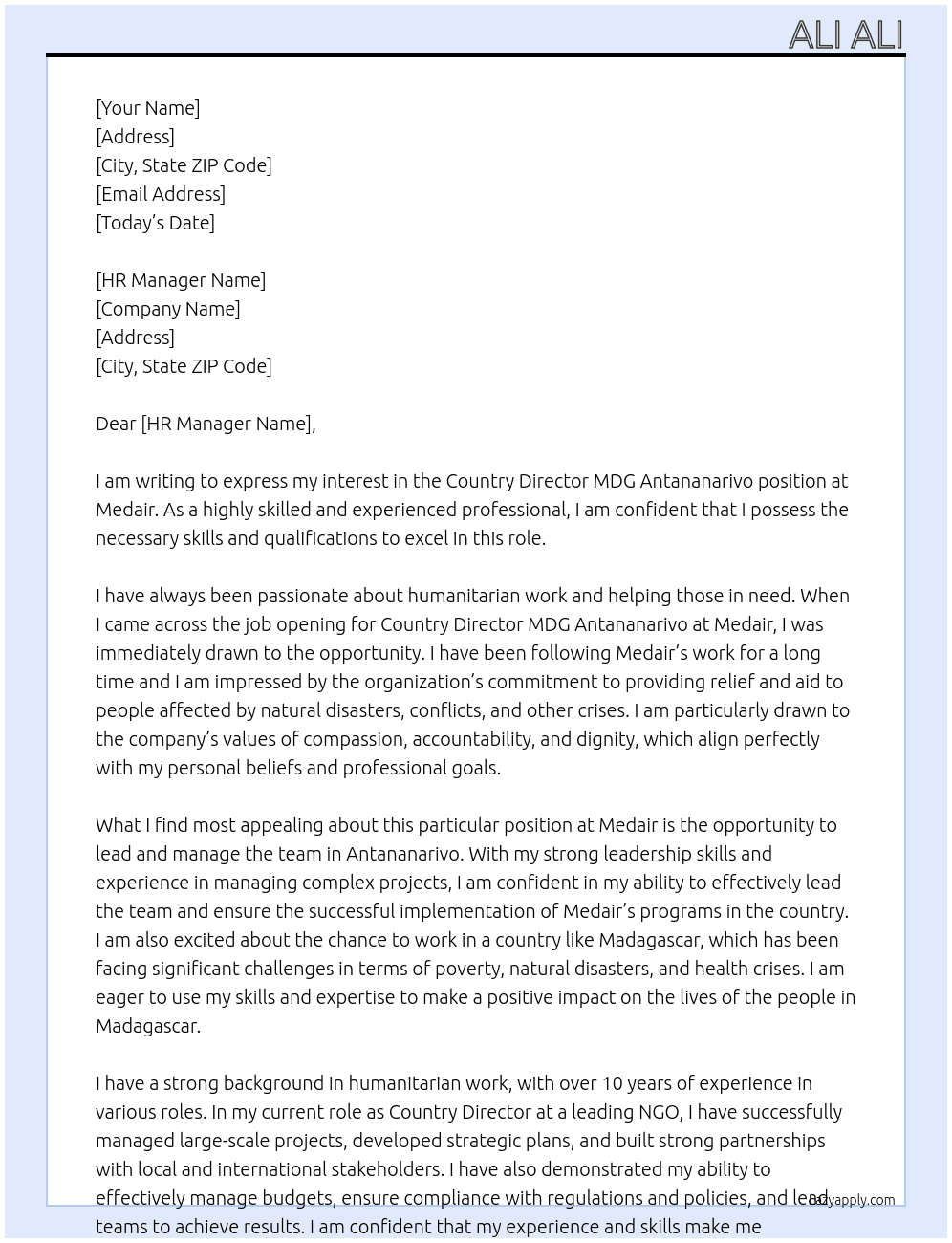 Country Director MDG Antananarivo At Medair Cover Letter