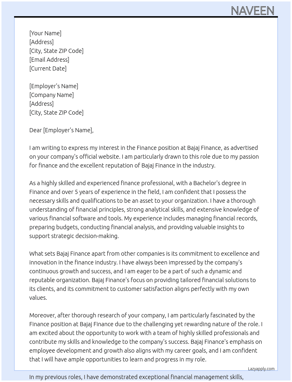 Finance  At Bajaj Finance  Cover Letter