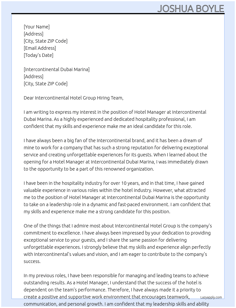 Hotel Manager  At Intercontinental Hotel Group Cover Letter
