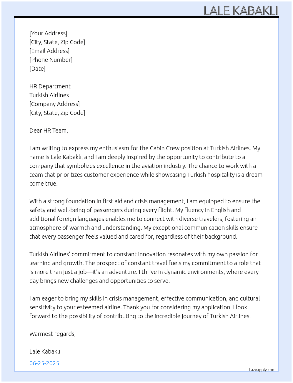 cabin crew At turkish airlines Cover Letter