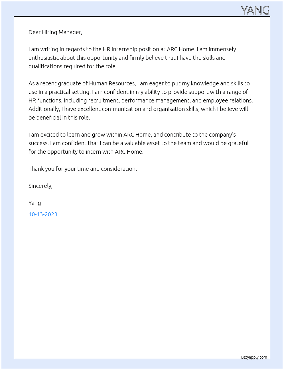 HR Internship At ARC Home Cover Letter