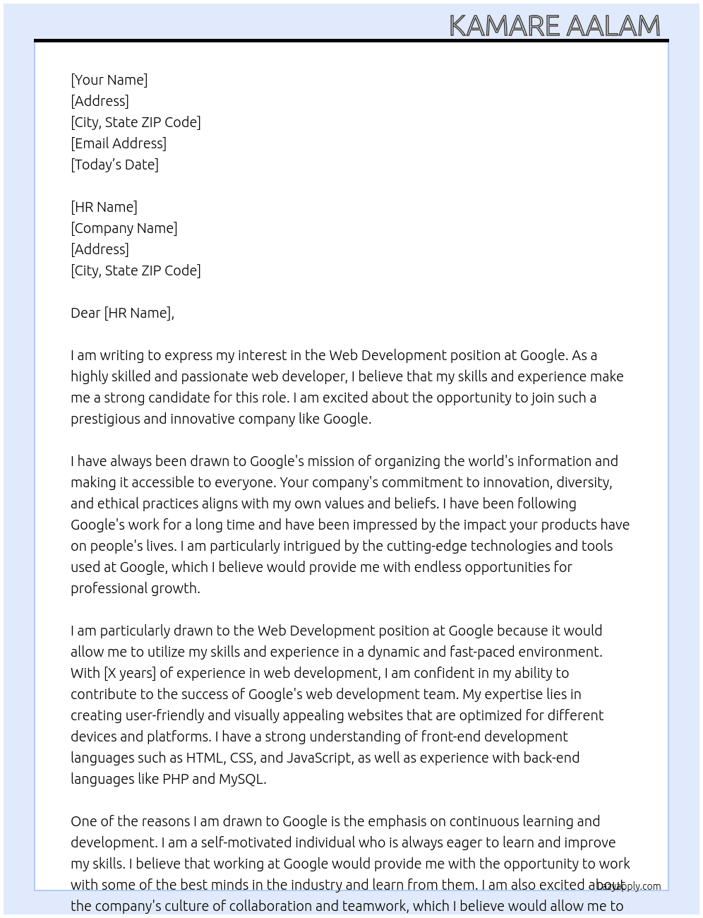 Web development  At Google  Cover Letter