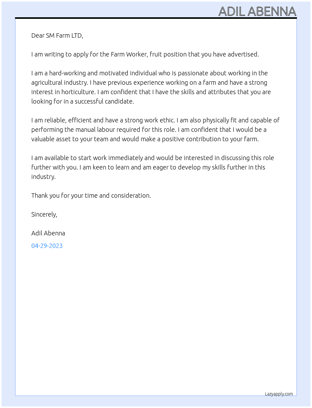 Farm worker, fruit At SM Farm LTD Cover Letter