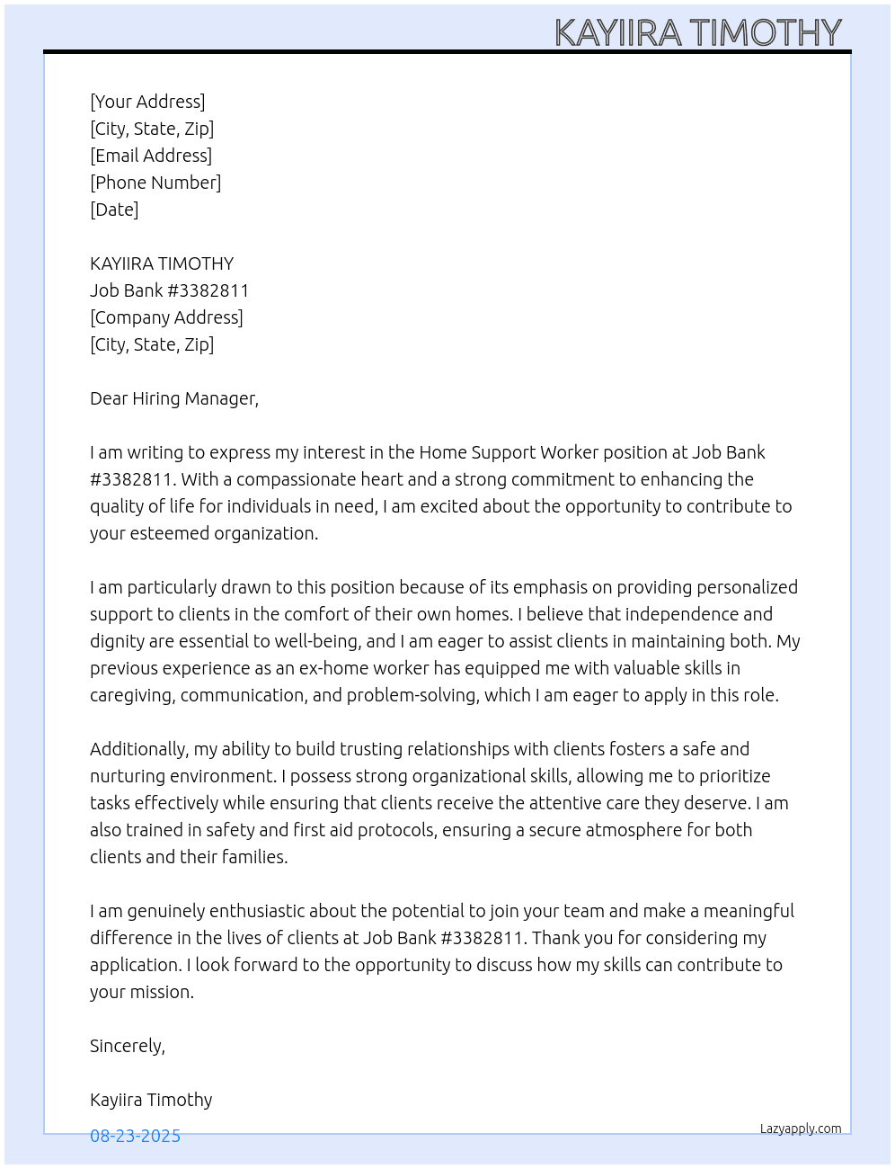 Home Support Worker At Job bank #3382811 Cover Letter