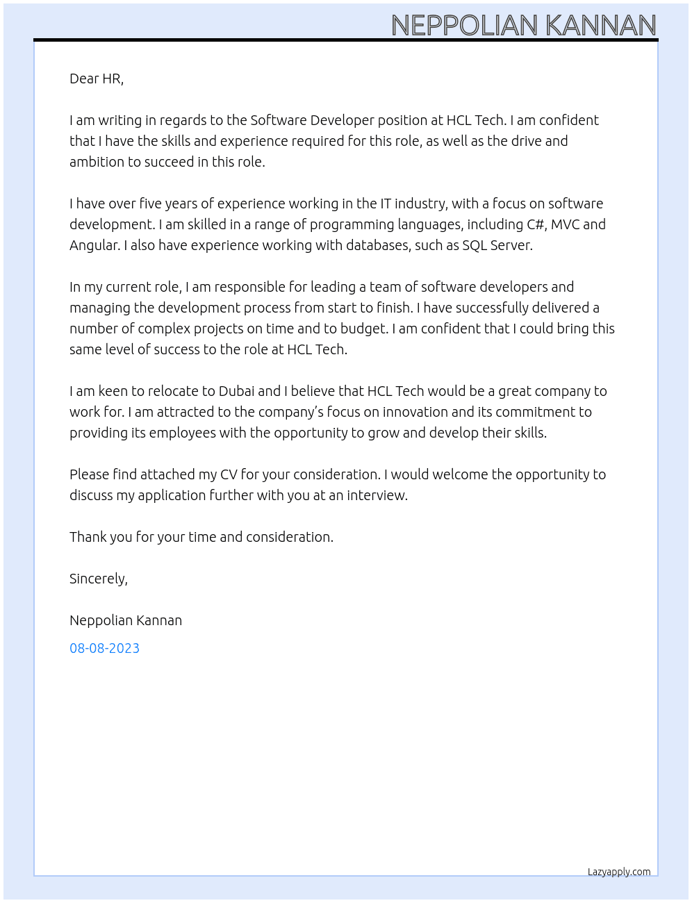 Software Developer At HCL Tech Cover Letter