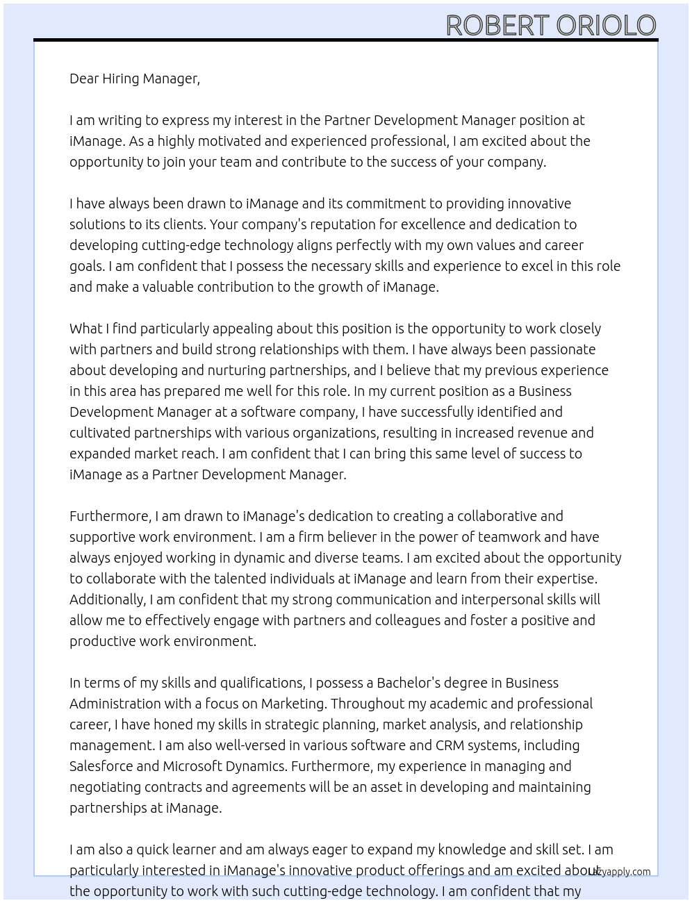 Partner Development Manager At iManage Cover Letter