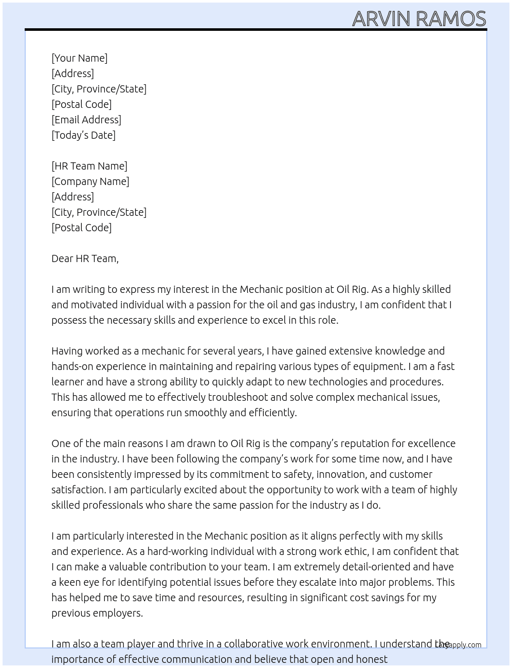 Mechanic  At Oil Rig  Cover Letter