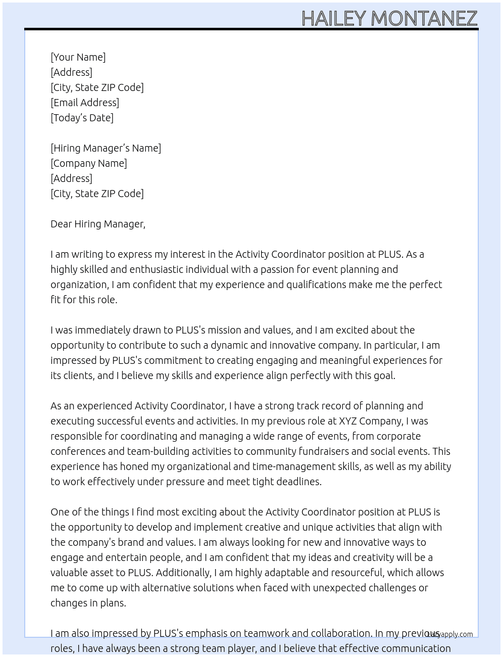 activity coordinator At PLUS Cover Letter