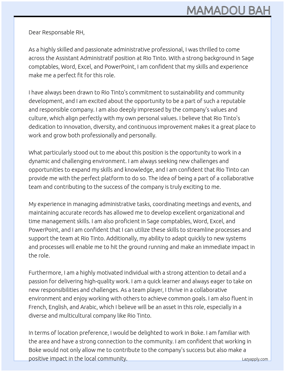Assistant Administratif  At Rio Tinto Cover Letter