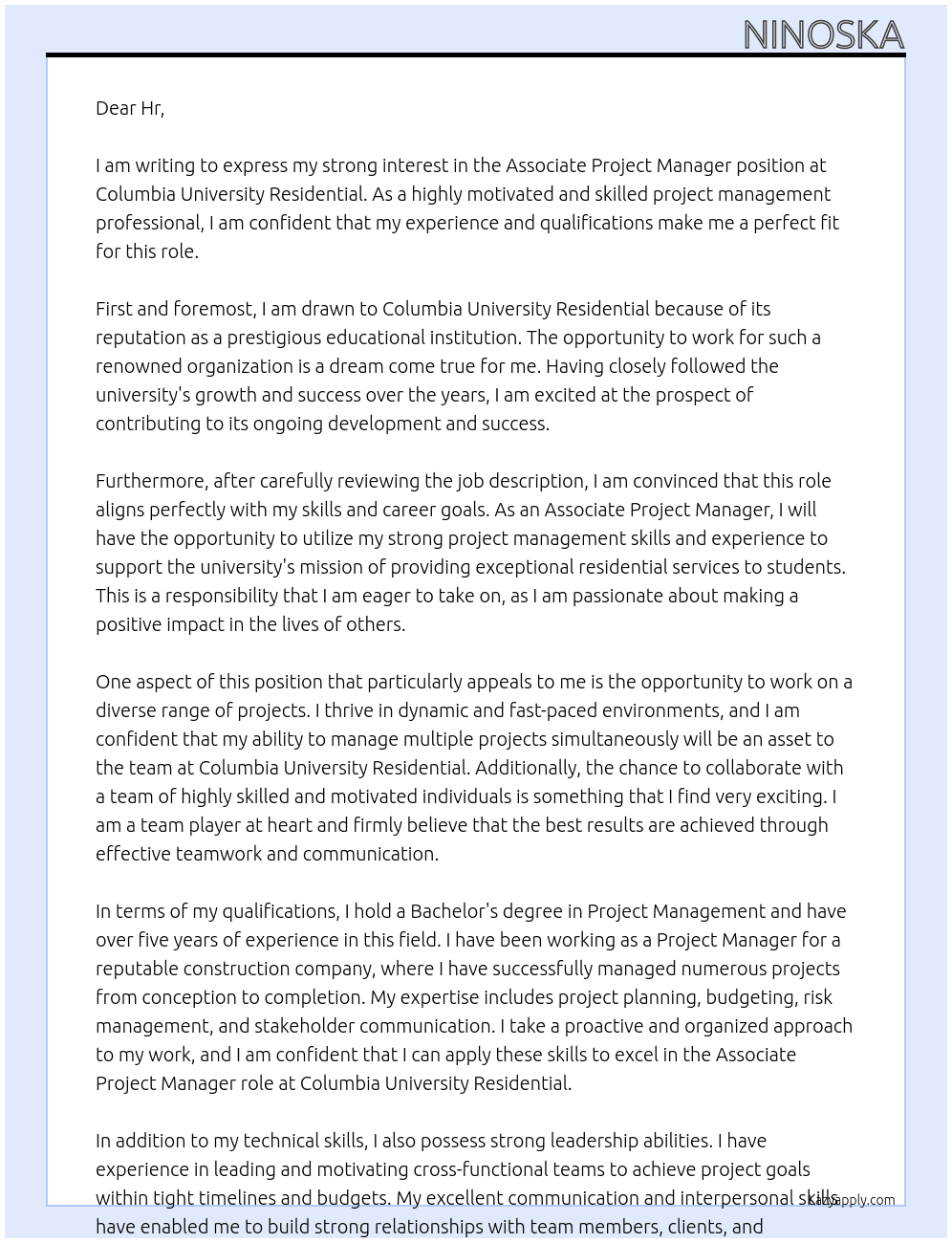 Associate project manager At Columbia University Residential  Cover Letter