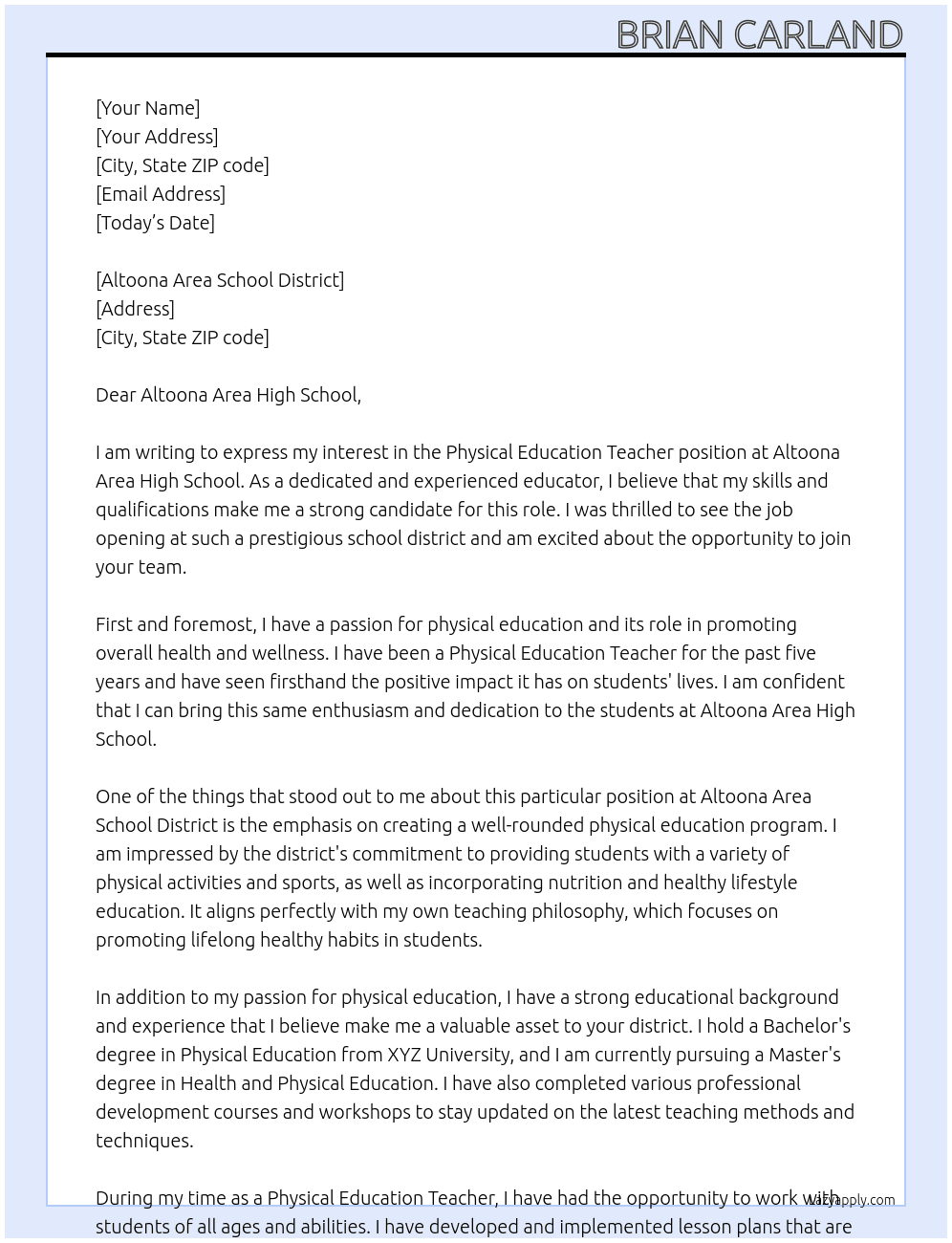 Physical Education Teacher At Altoona Area School District Cover Letter