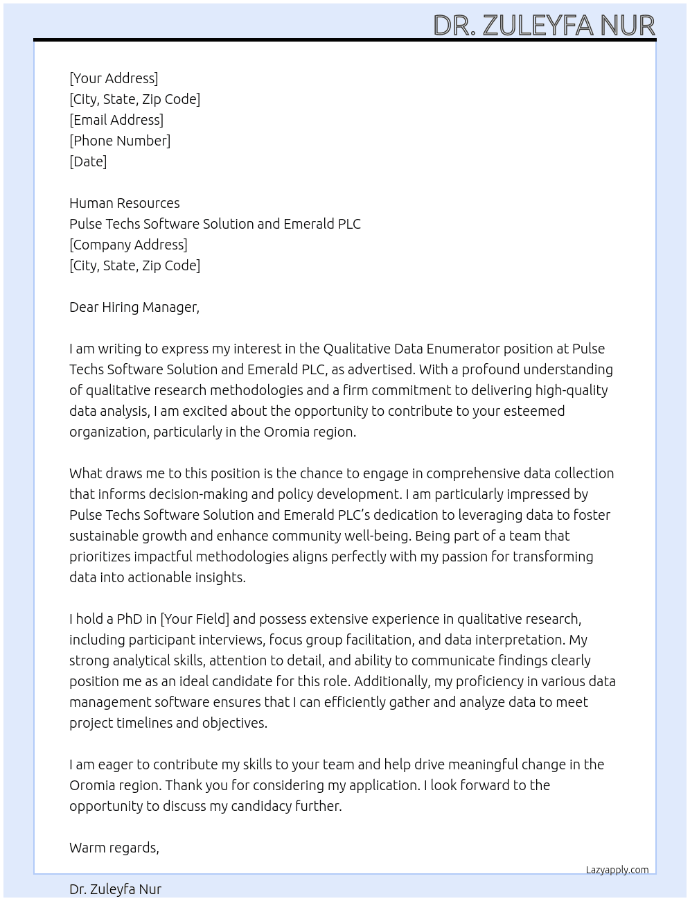 Cover letter for qualitative data enumerator - LazyApply