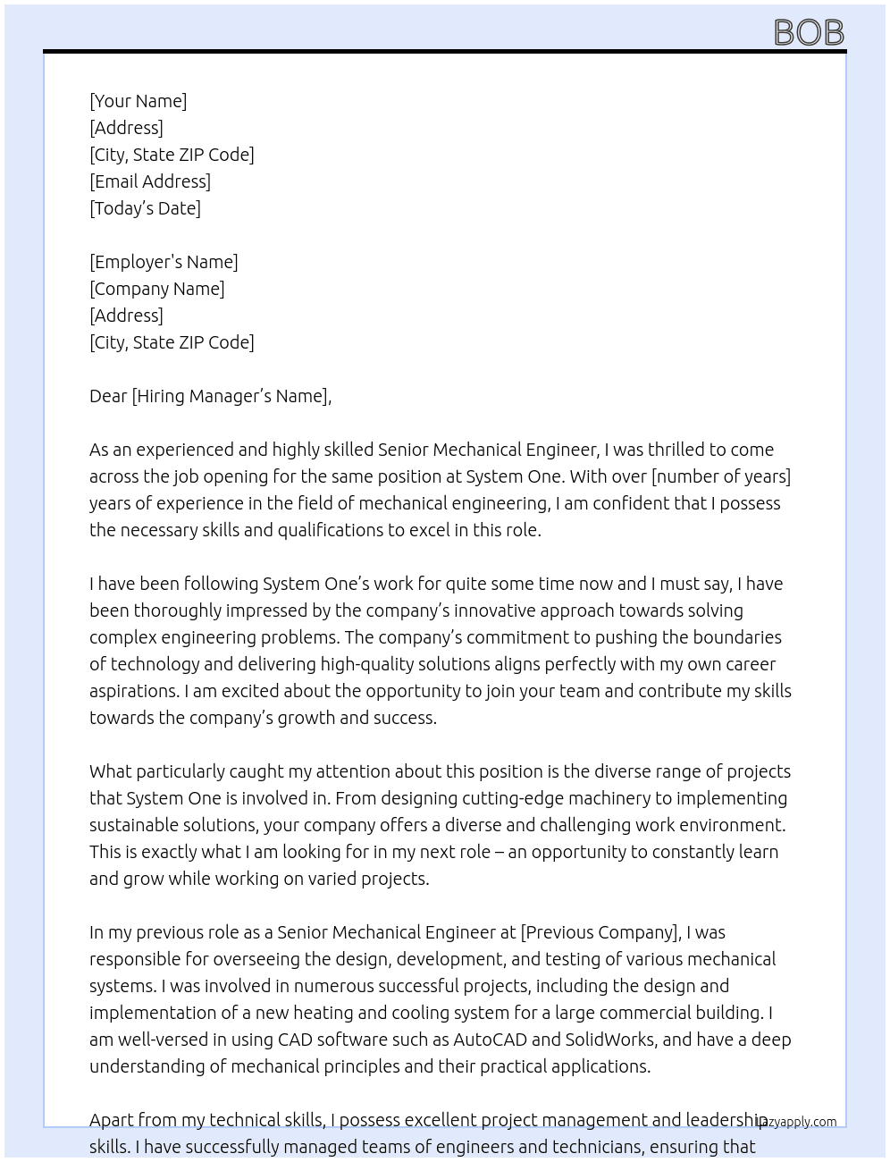 Sr mechanical engineer At System one Cover Letter