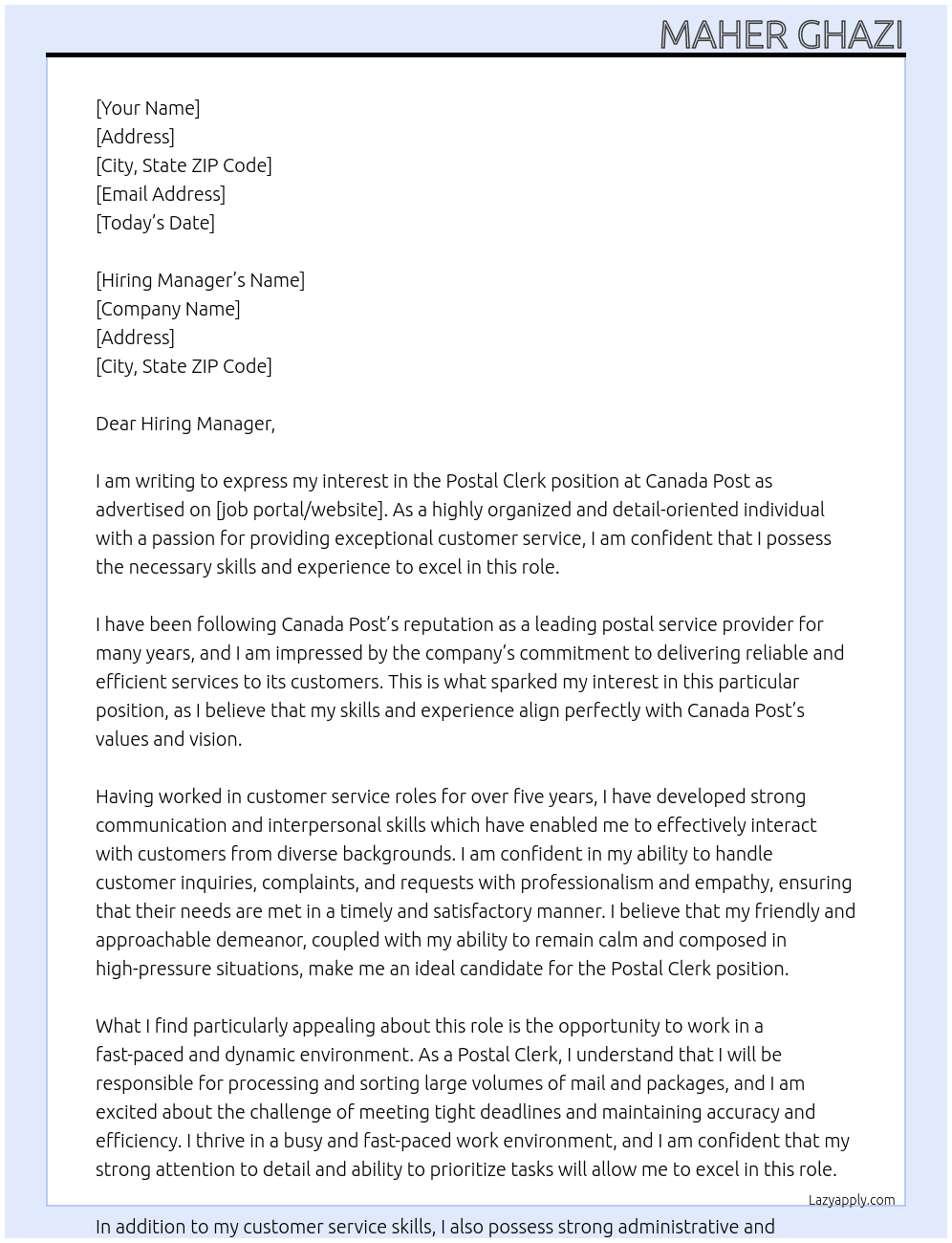Postal Clerk At Canada Post Cover Letter