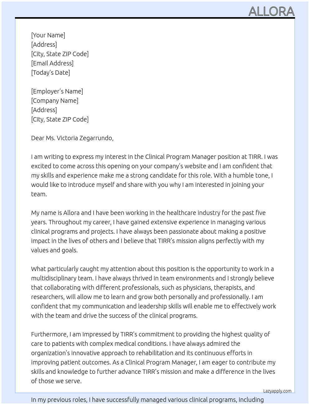 Clinical Program Manager At TIRR Cover Letter