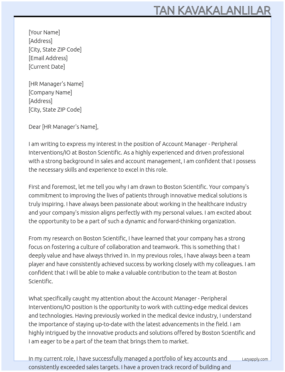 Account Manager - Peripheral Interventions/IO At Boston Scientific Cover Letter