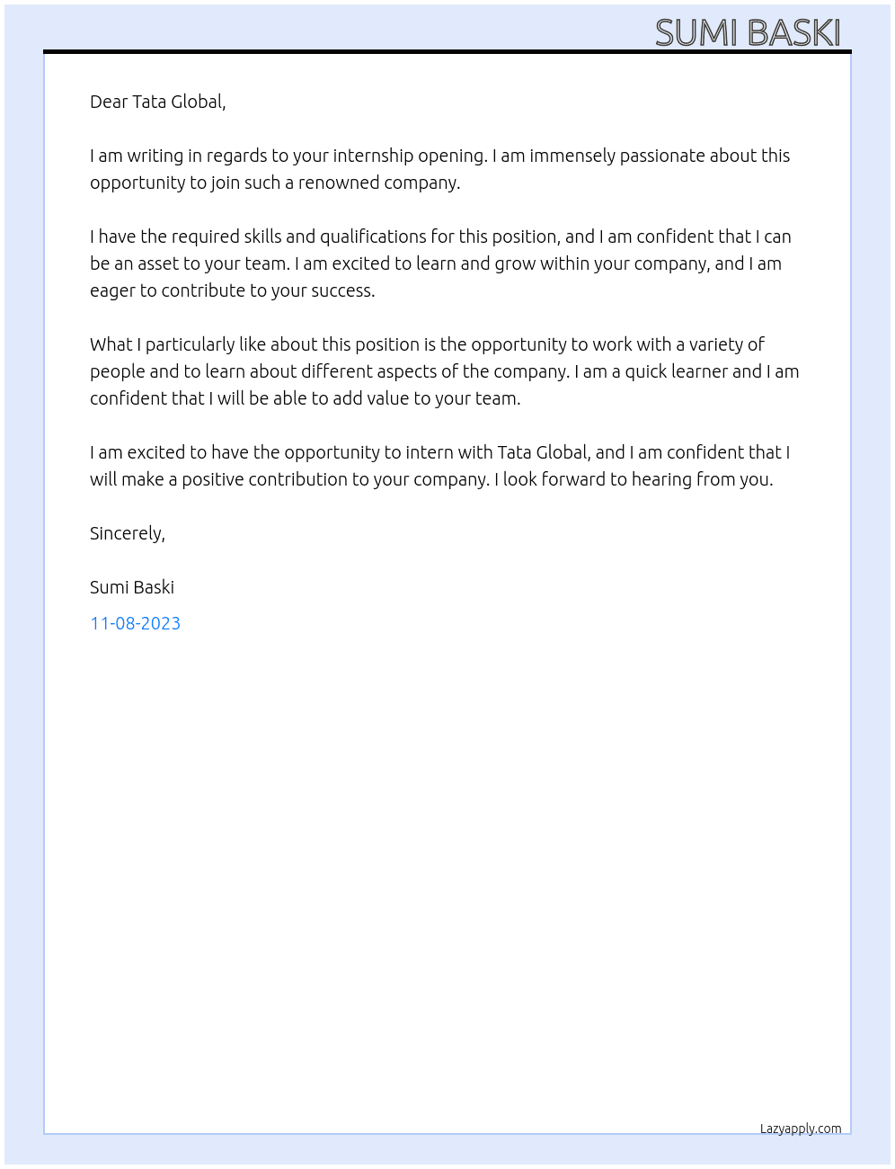 Intership At Tata globle intership Cover Letter