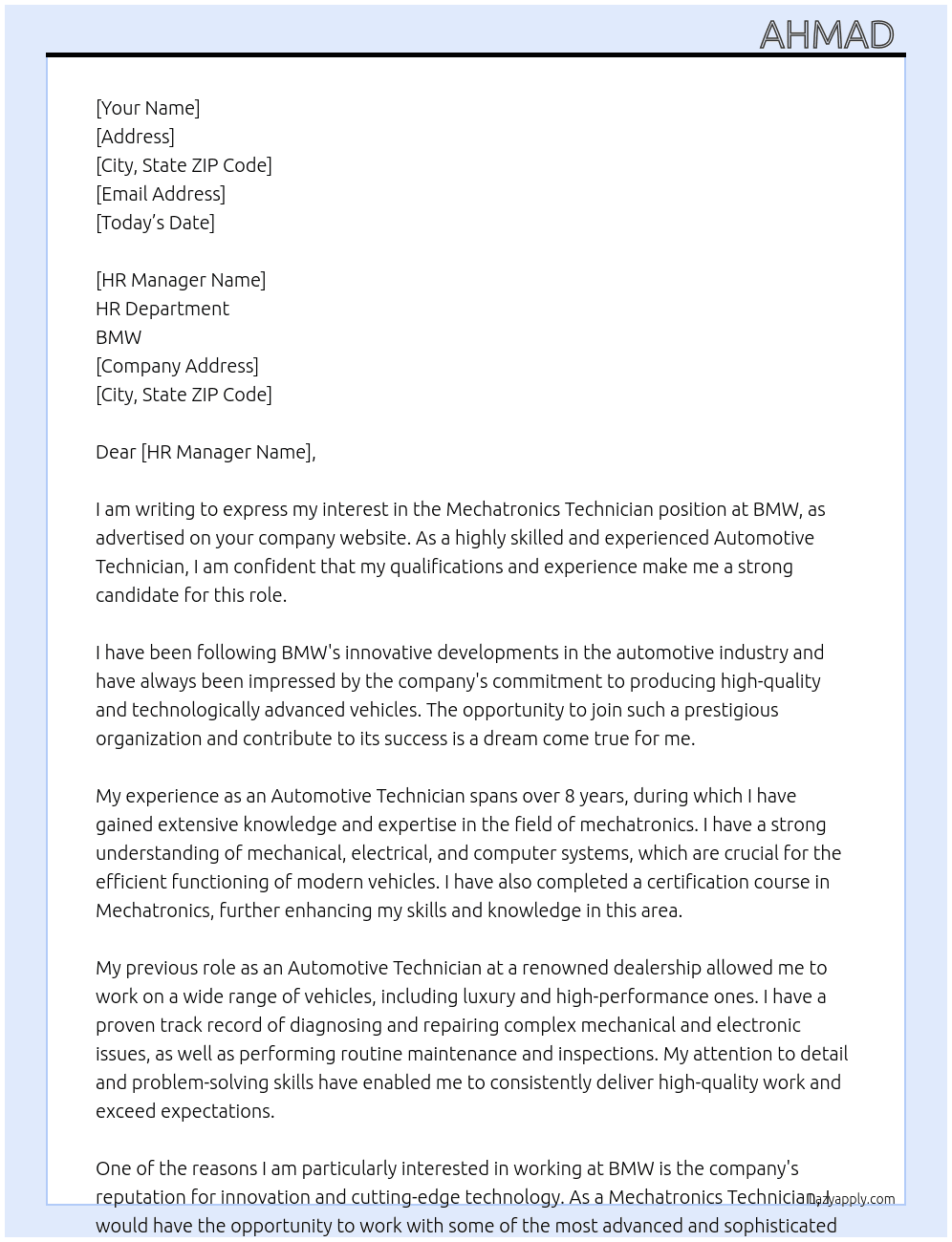 Cover letter for mechatronics technician - LazyApply