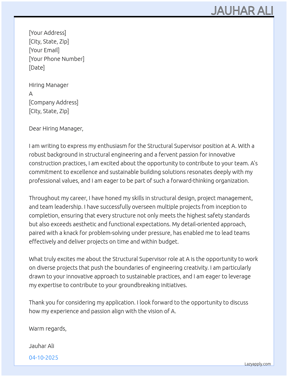 Structural Supervisor At A Cover Letter
