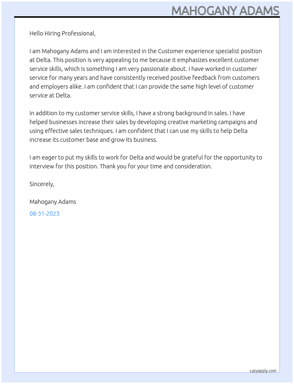 Customer experience specialist At Delta Cover Letter