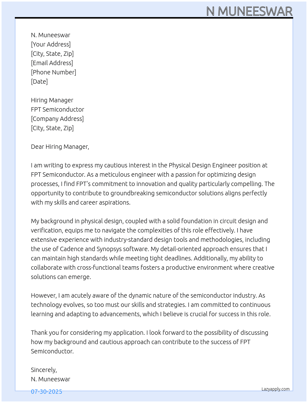 Cover letter for physical design engineer - LazyApply
