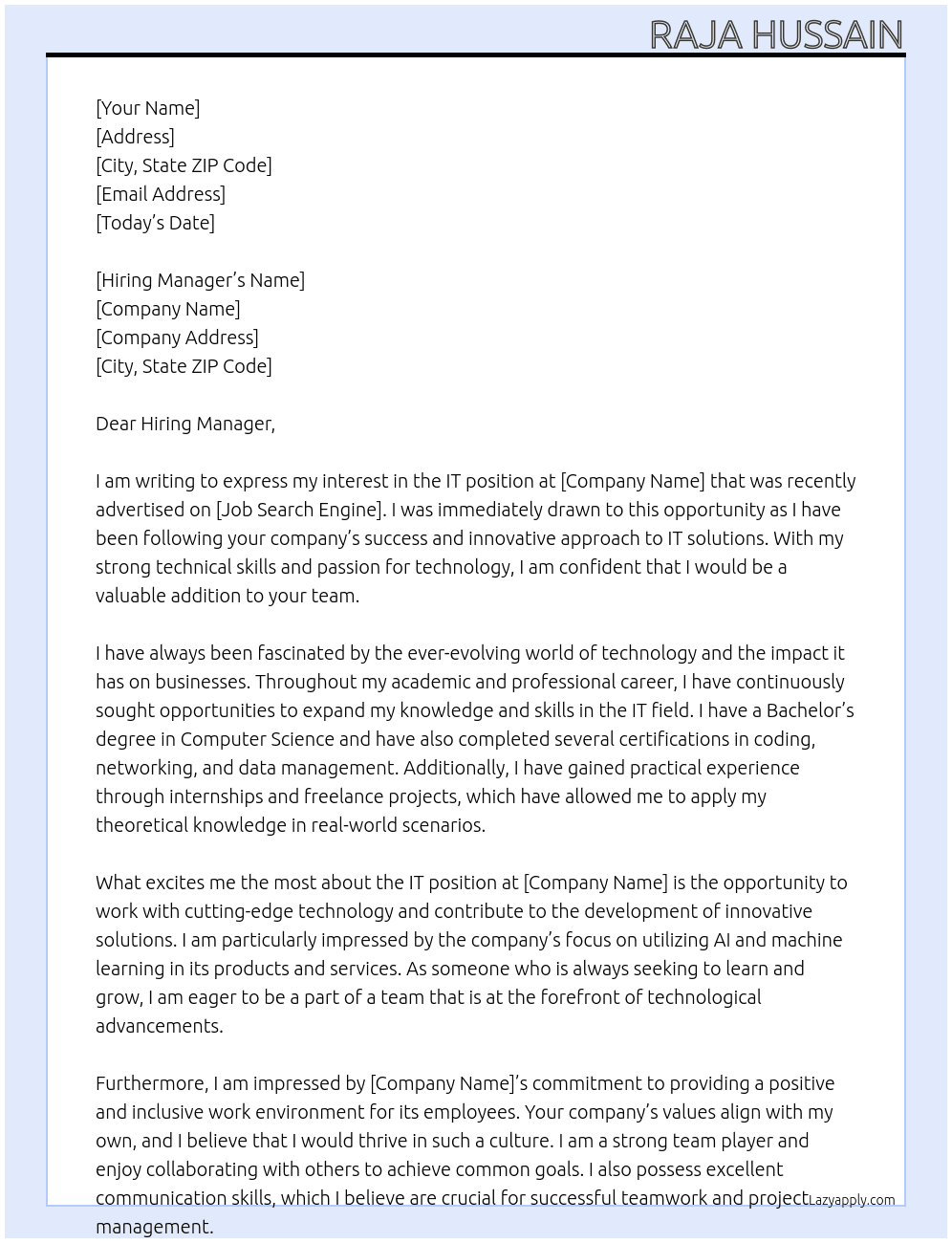 IT At IT Job Cover Letter