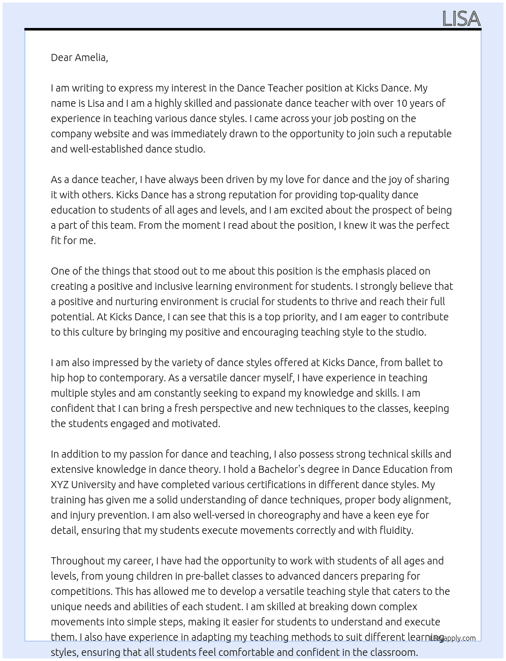 dance teacher At Kicks Dance Cover Letter