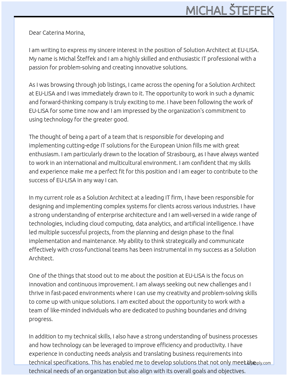 Solution Architect At EU-LISA Cover Letter