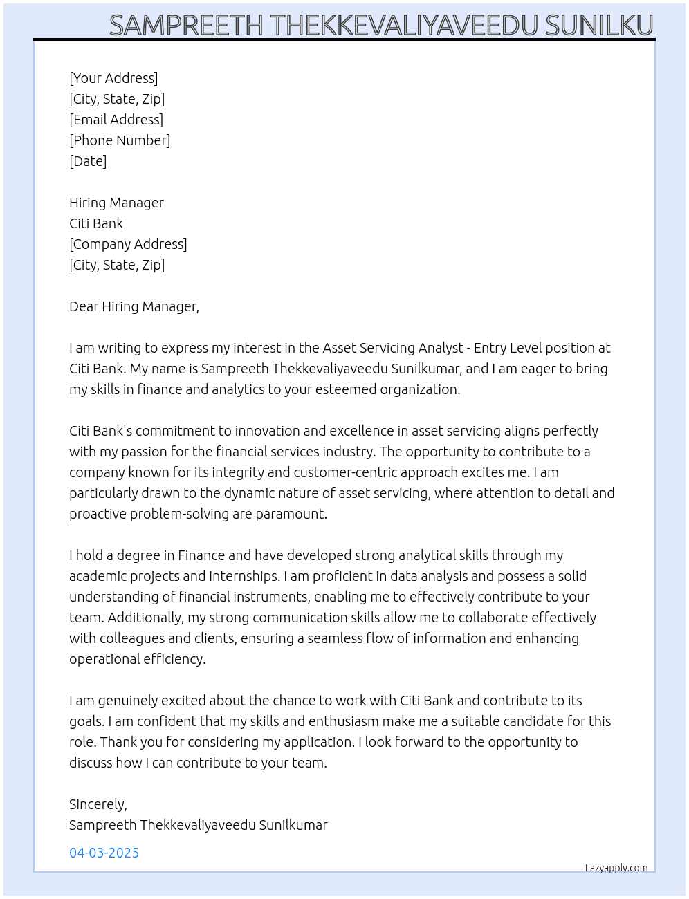 Asset Servicing Analyst - Entry Level At Citi Bank Cover Letter