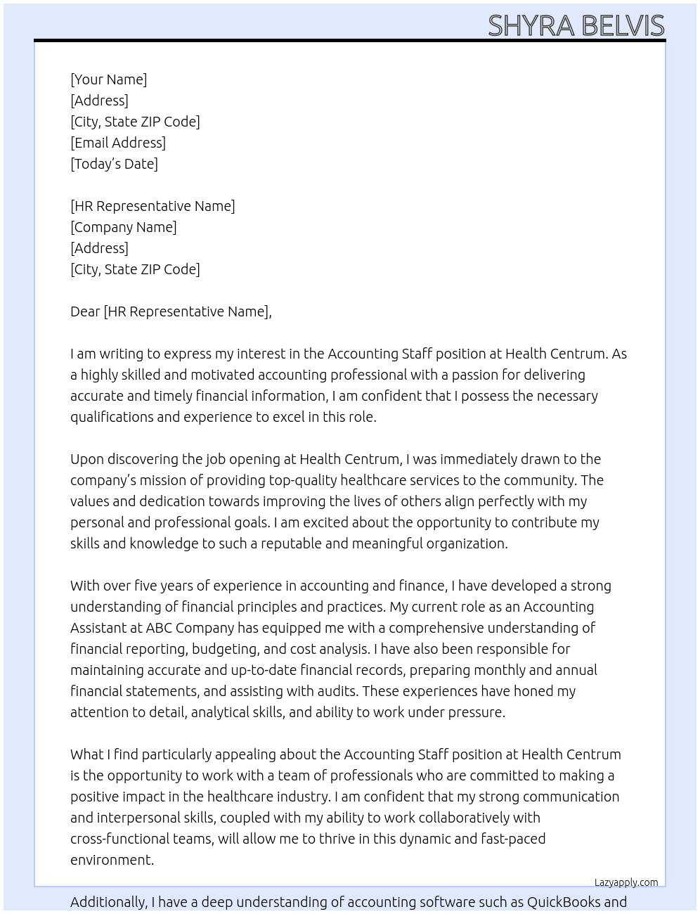 Accounting Staff At Health Centrum Cover Letter