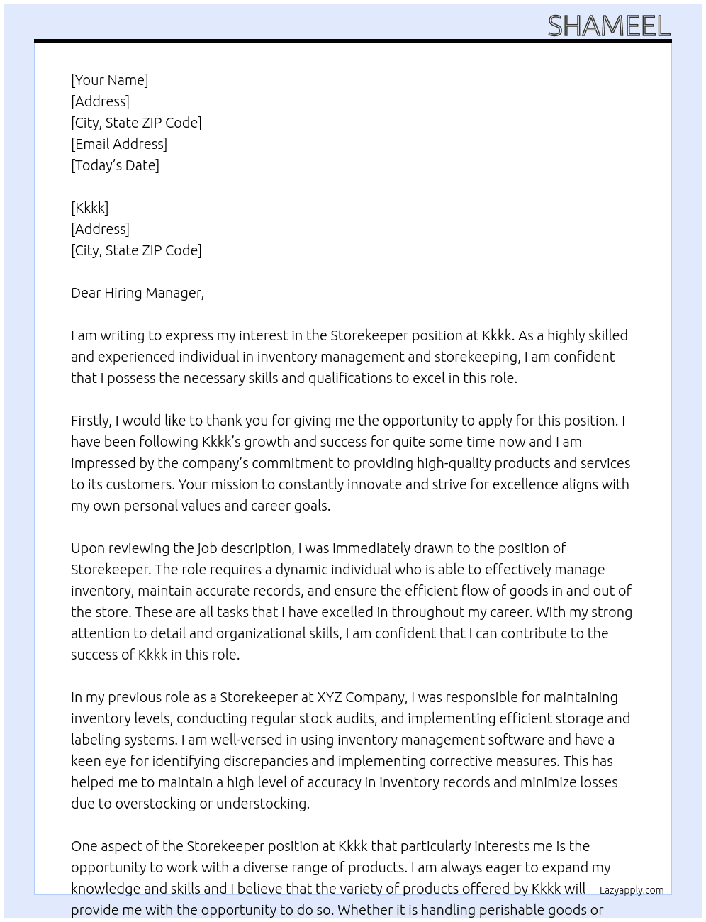 Storekeeper At Kkkk Cover Letter