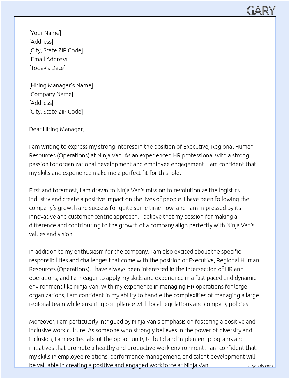 Executive, Regional Human Resources (Operations) At Ninja Van Cover Letter