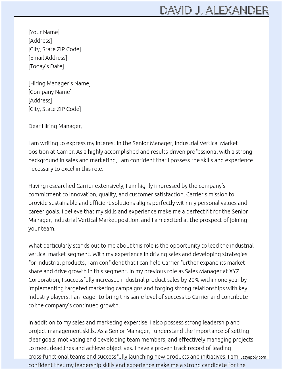 Senior Manager, Industrial Vertical Market At Carrier Cover Letter