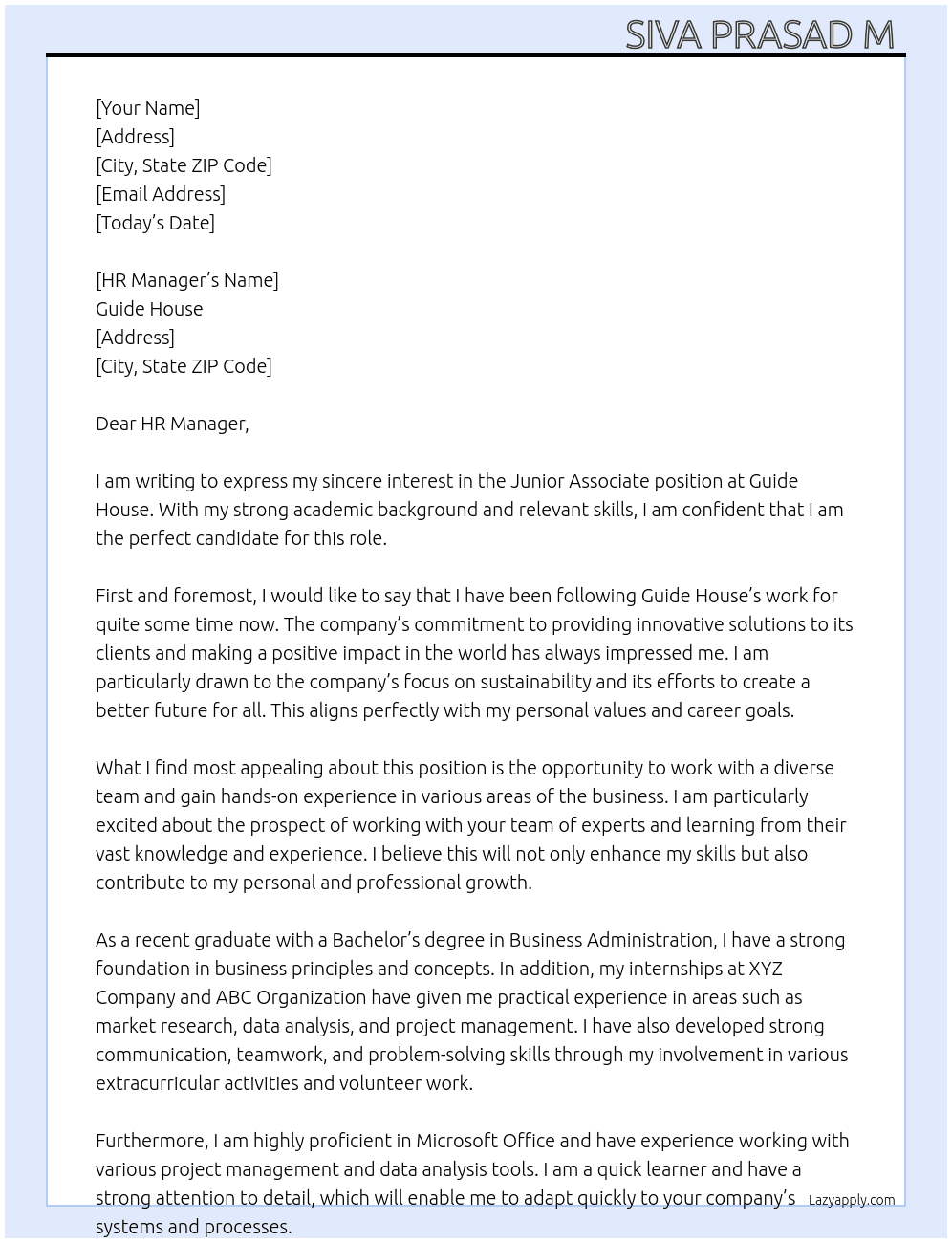 Junior Associate  At Guide House  Cover Letter