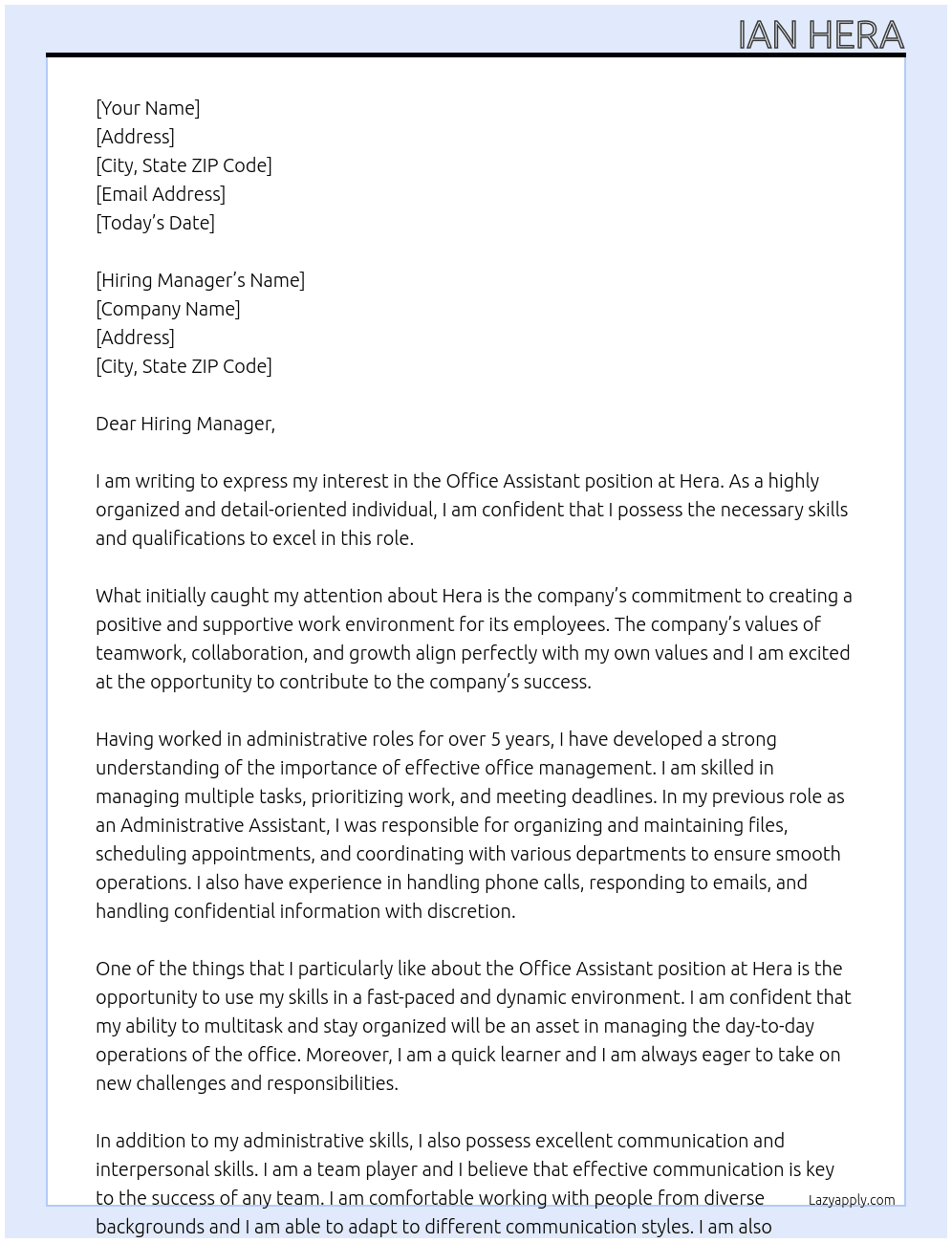 Office assistant  At Hera Cover Letter