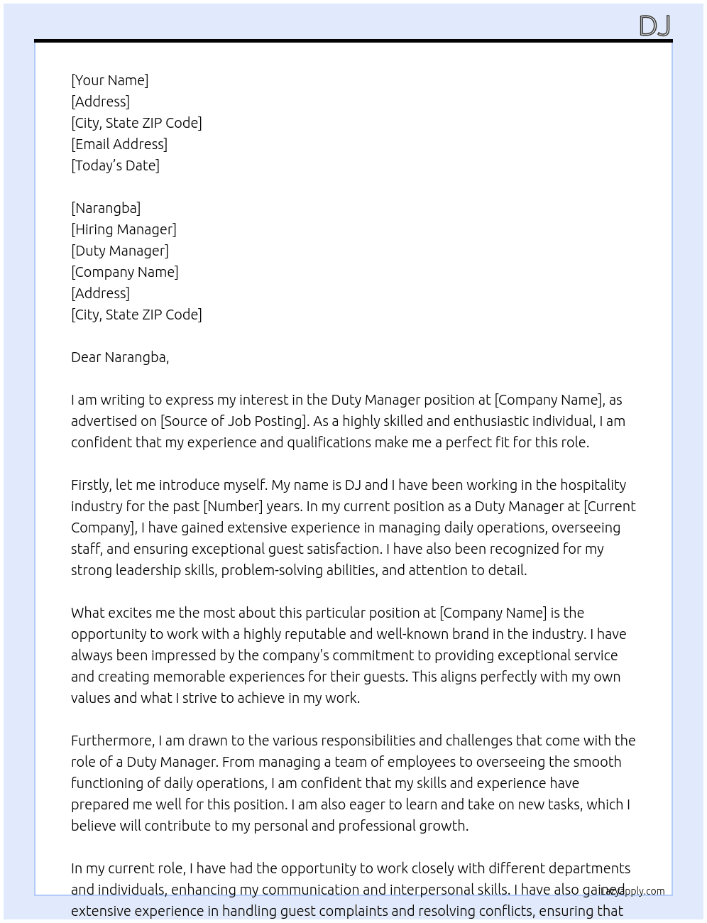 Duty Manager At Duty Manager Cover Letter