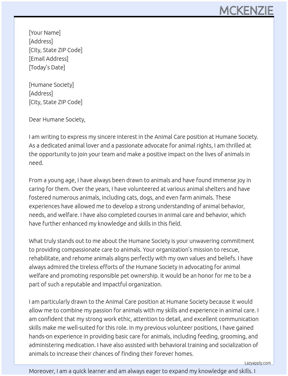 Animal Care At Humane Society  Cover Letter