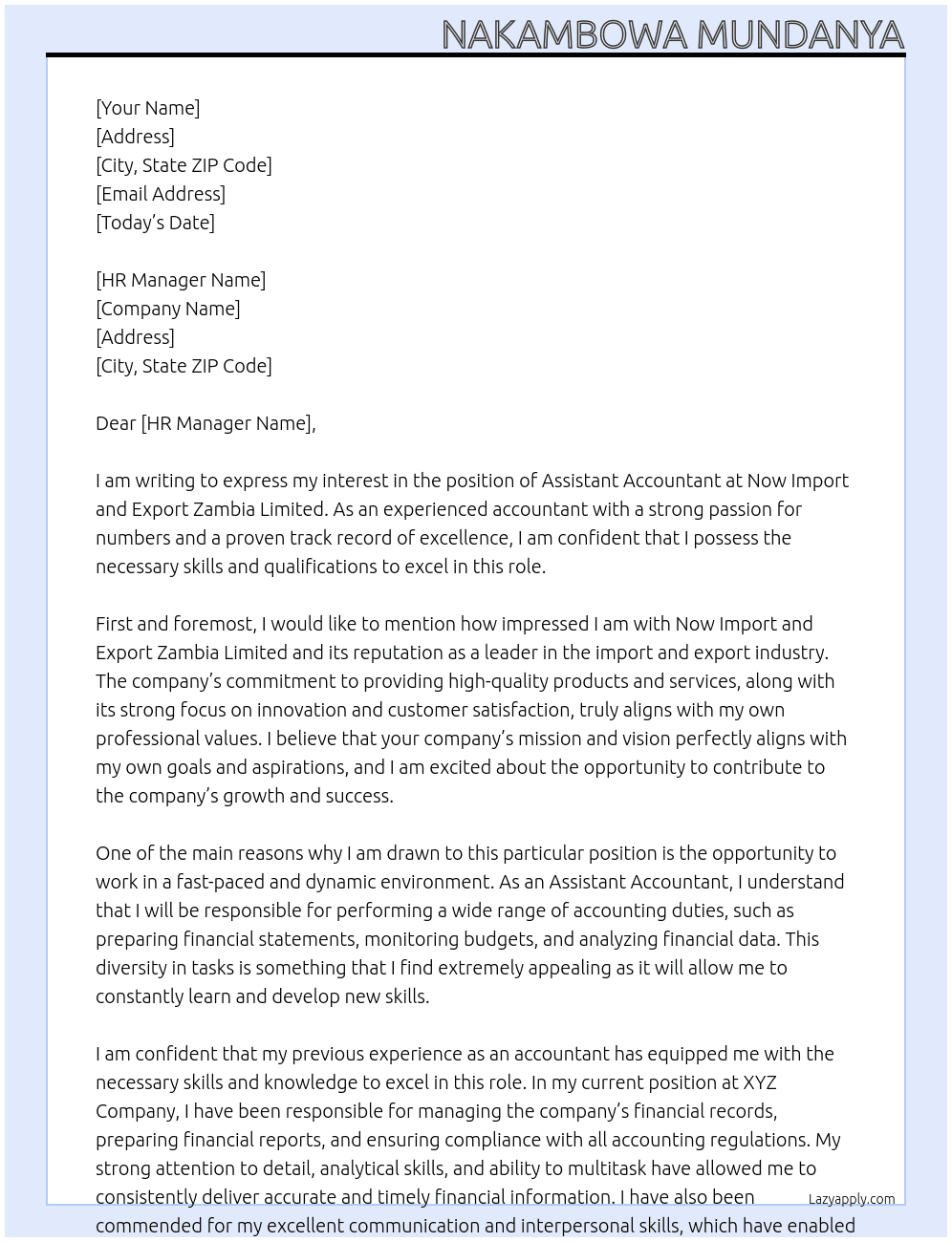 assistant accountant At now import and export zambia limited Cover Letter